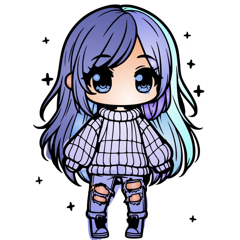 chibi girl with ripped jeans,long hair, and an oversized sweater
