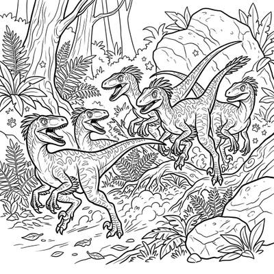 Embark on a prehistoric adventure with this dynamic coloring page featuring a pack of Velociraptors. Capture the excitement of a dinosaur hunt in a lush jungle setting.