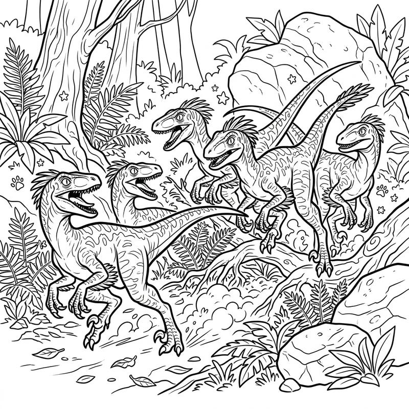 Embark on a prehistoric adventure with this dynamic coloring page featuring a pack of Velociraptors. Capture the excitement of a dinosaur hunt in a lush jungle setting.