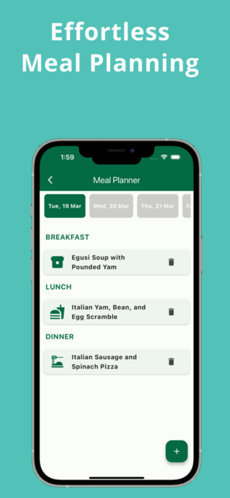 Una interfaz de aplicación móvil que muestra un planificador de comidas diario con recetas programadas de desayuno, almuerzo y cena.