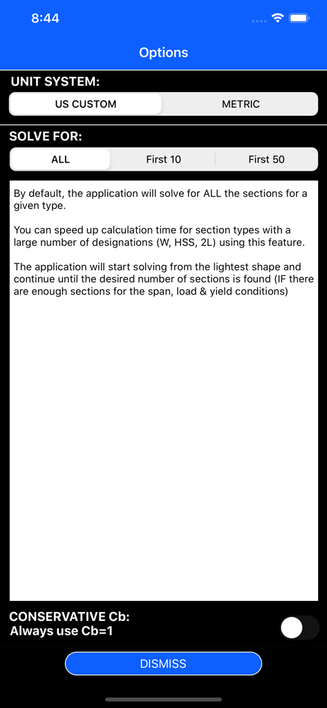 Steel Beams Bulk Checker - Settings menu for the Steel Beams Bulk Checker app showing unit and solver options.