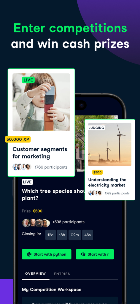 DataCamp App-Bildschirm mit Programmierwettbewerben mit Geldpreisen und Optionen, mit Python oder R zu beginnen