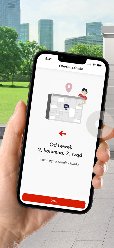 ORLEN Paczka - A hand holding a smartphone displaying the ORLEN Paczka app interface for remote parcel locker opening and location guidance