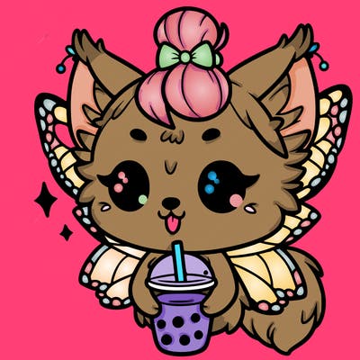 cute wolf girl with butterfly wings drinking boba with her hair in a bun