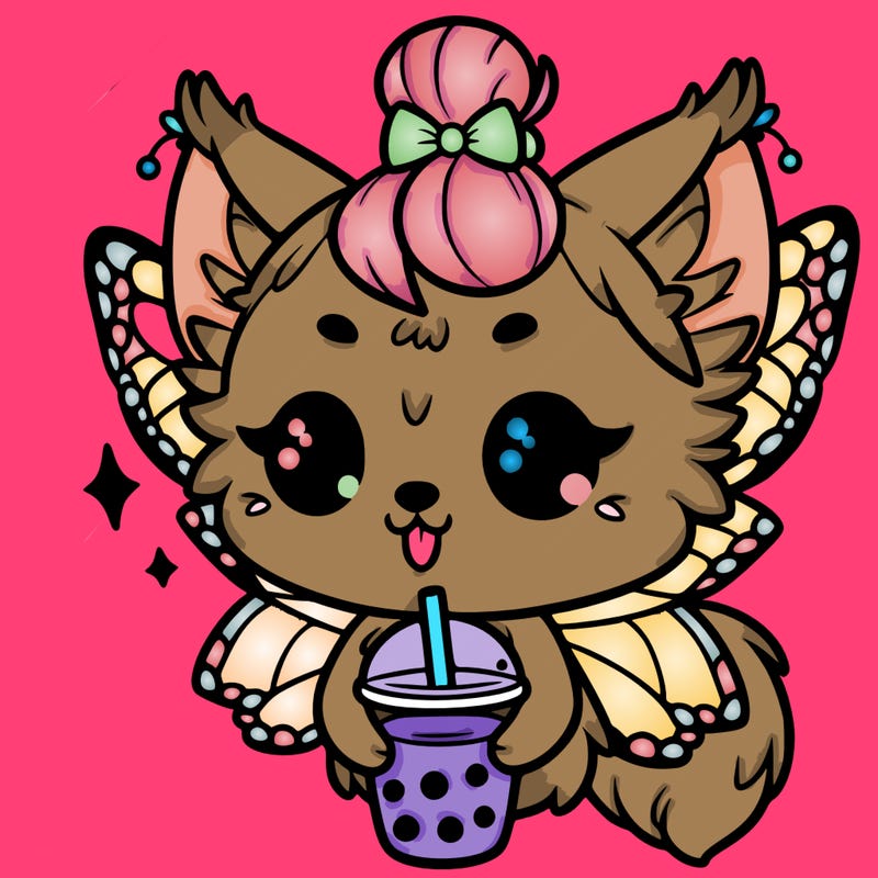 cute wolf girl with butterfly wings drinking boba with her hair in a bun