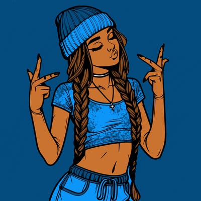 realistic teenage girl with braids and a beanie and crop top doing 🫶🏼