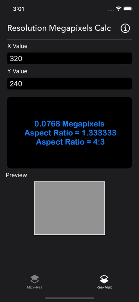 Megapixels Resolution Calc - Megapixels Resolution Calc app interface showing pixel conversion to 4:3 aspect ratio
