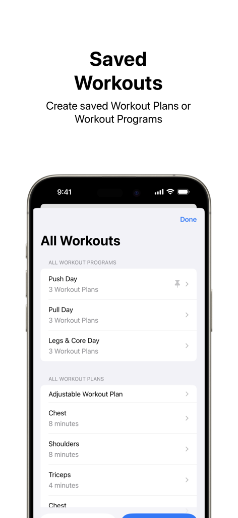 Timed: Workout Timer & Planner - Interface showing saved workout programs and plans in the Timed app