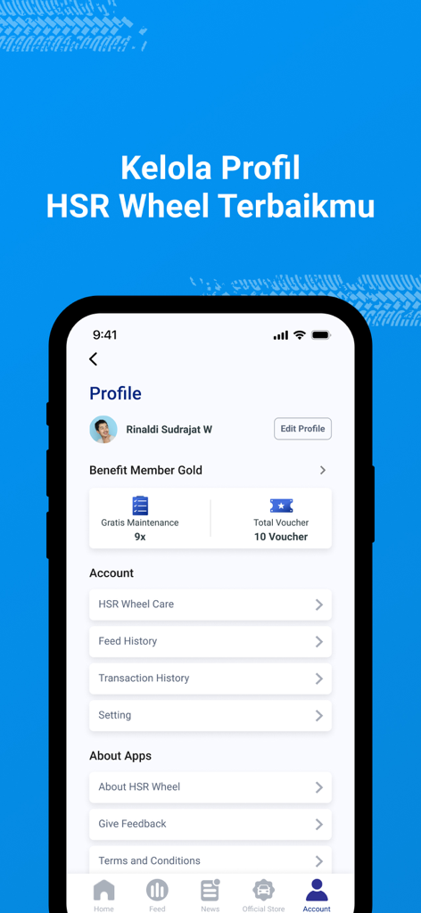 HSR Wheel - HSR Wheel app user profile screen showing member benefits and account management settings.