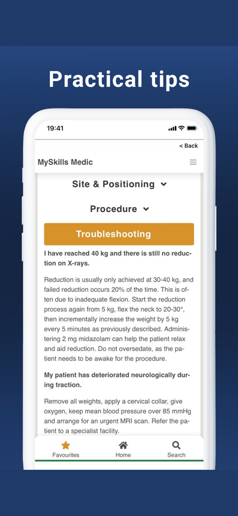 Captura de pantalla de la aplicación MySkills Medic que muestra una sección de resolución de problemas con consejos prácticos sobre procedimientos médicos.