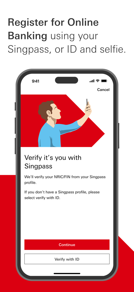 HSBC Singapore - HSBC Singapore app registration screen showing options to verify identity using Singpass or ID and selfie for online banking.