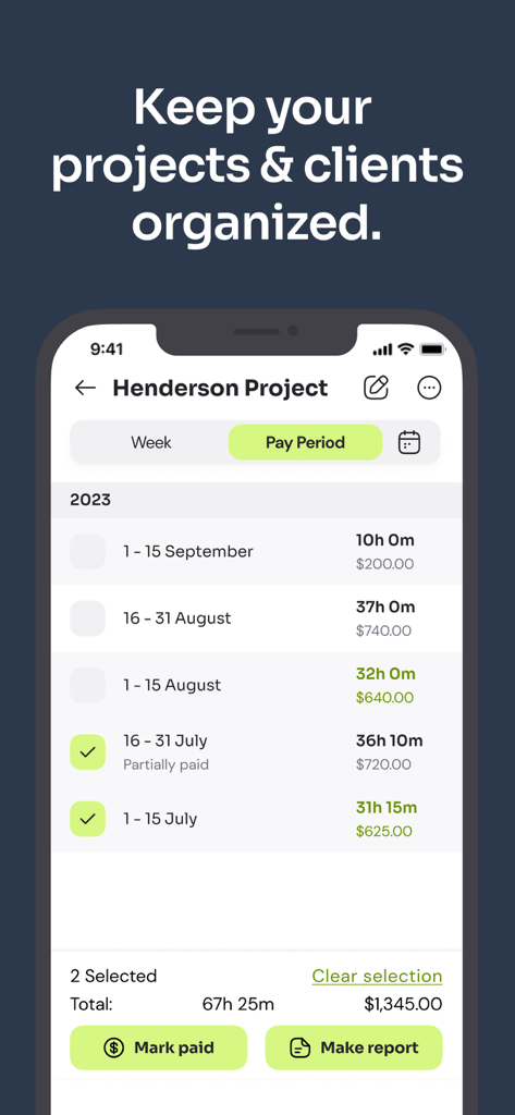 Time Squared: Hours Tracker - Mobile app interface showing project hours and client payments