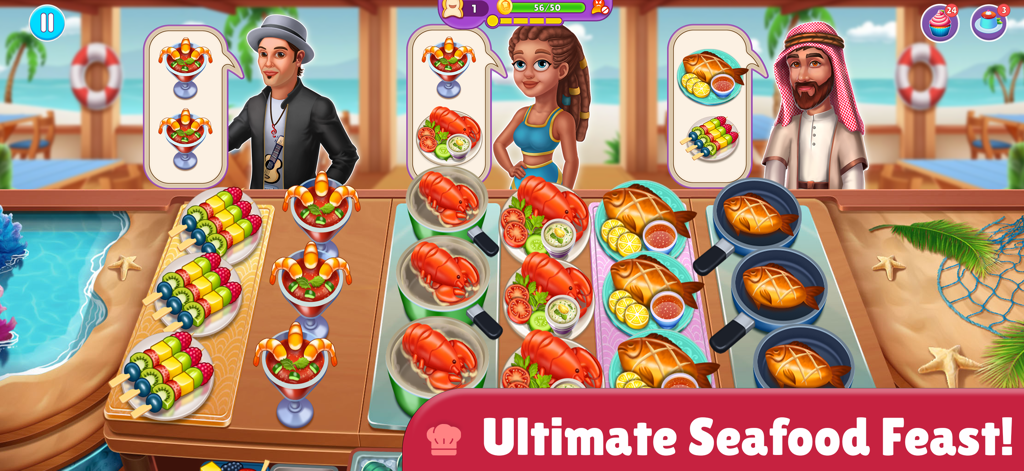 Cooking Utopia Restaurant Chef - Un nivel de restaurante de mariscos en Cooking Utopia mostrando platos de langosta y pescado servidos a clientes