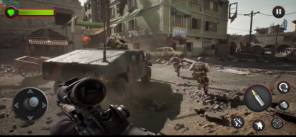 Call of Sniper -Delta Ops 2025 - First person view of sniper gameplay in Call of Sniper Delta Ops 2025 showing an urban battlefield with soldiers and a humvee