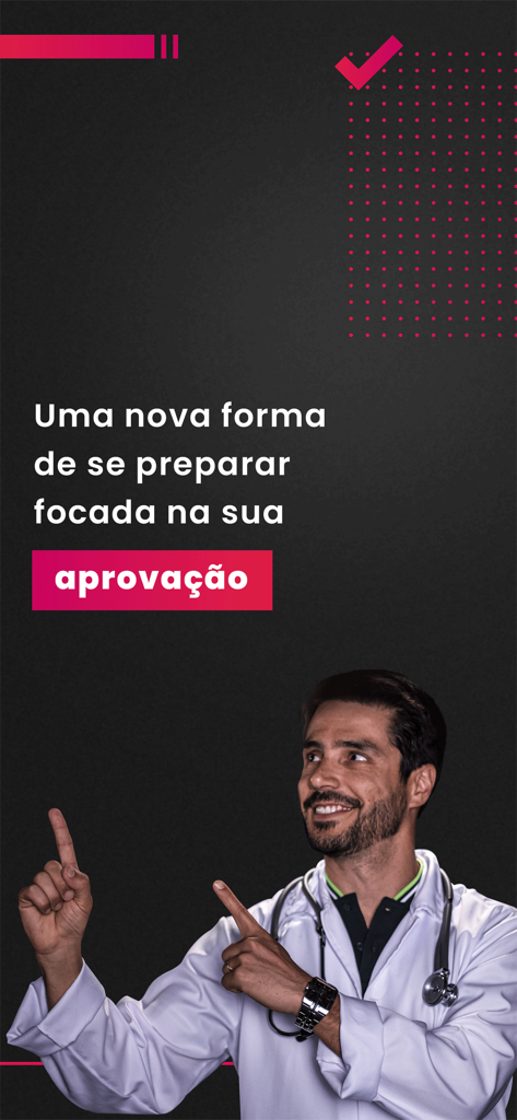 A smiling doctor in a lab coat pointing towards text about medical exam success and preparation