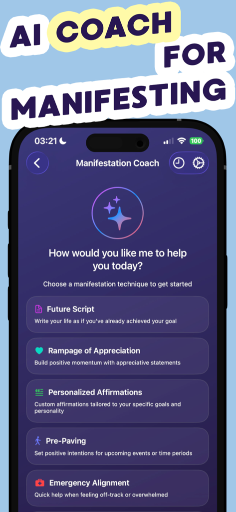 引き寄せの法則ツールボックスアプリのAI引き寄せコーチのインターフェース。未来スクリプトやパーソナライズされたアファメーションなどの機能が表示されています。