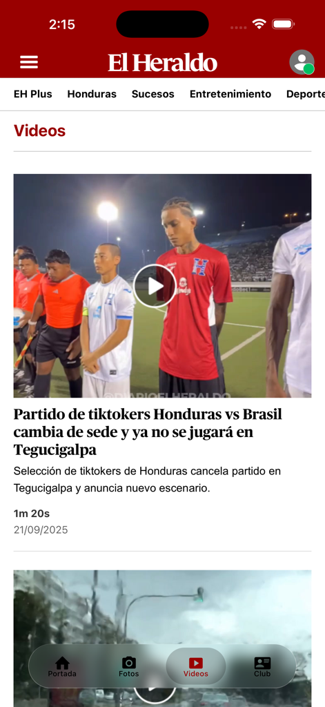 Diario El Heraldo Honduras - Video section of the Diario El Heraldo Honduras news app showing a sports headline