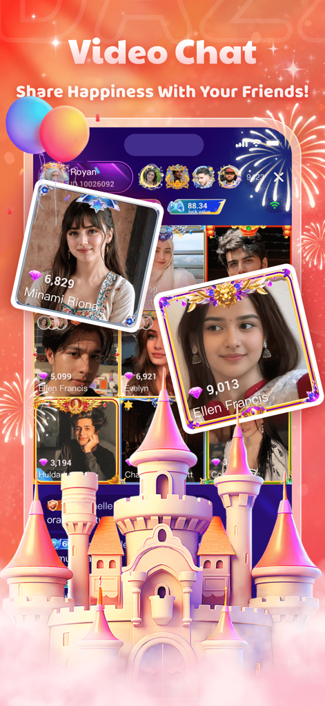 Dazz Live-Live Stream & Chat - Dazz Live app interface showing video chat with diverse streamers and a fantasy gift castle