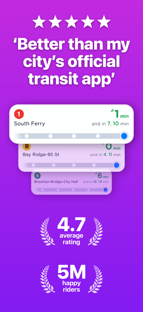 Momego transit app interface showing high user ratings and live subway arrival times