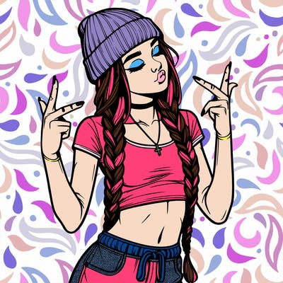 realistic teenage girl with braids and a beanie and crop top doing 🫶🏼