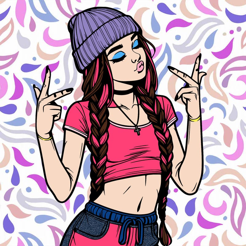 realistic teenage girl with braids and a beanie and crop top doing 🫶🏼