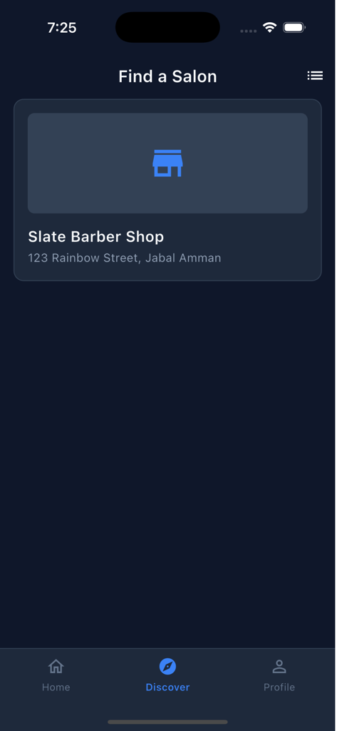 Caliber OS - Interface of the Caliber OS app showing the Find a Salon feature with a listing for Slate Barber Shop