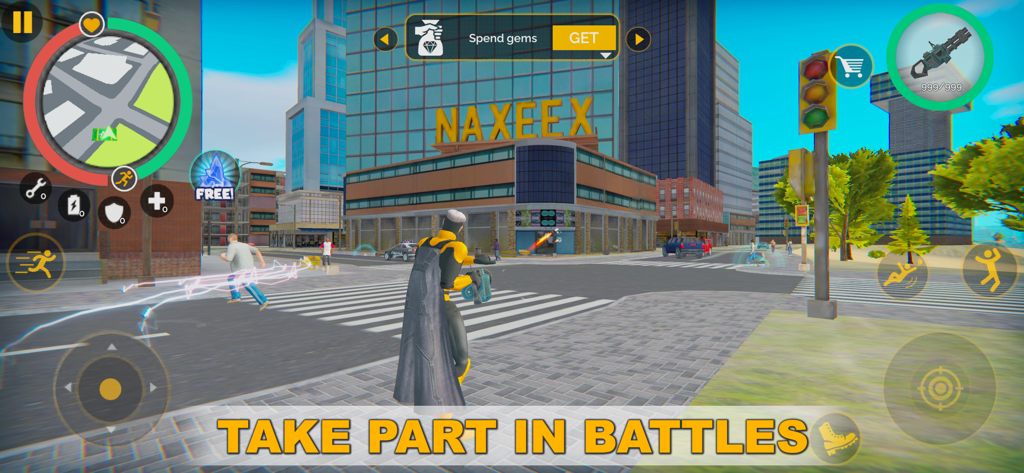 Naxeex Superhero - Personaje de superhéroe con un traje amarillo de pie en una calle abierta de la ciudad