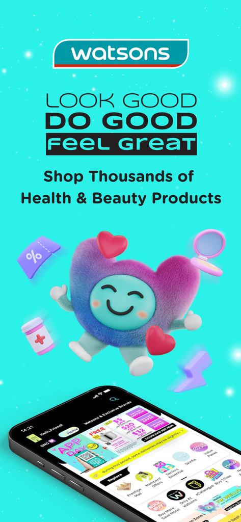 Watsons SG: Your Official App - Watsons SG app welcome screen showing the slogan Look Good Do Good Feel Great and the mobile shopping interface