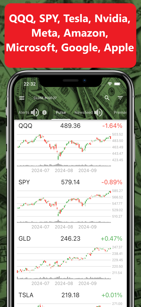 Realtime Stock Screener app interface showing live market pulse charts for major stocks and indices