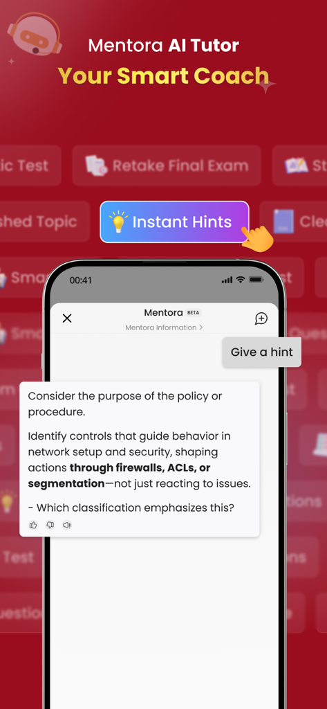 Uma captura de tela do recurso Mentora AI Tutor no aplicativo CompTIA Network+ fornecendo uma dica instantânea para preparação para o exame