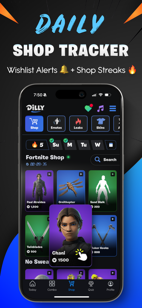 Interface of Dilly for Fortnite app showing the daily item shop tracker with various skins and emotes
