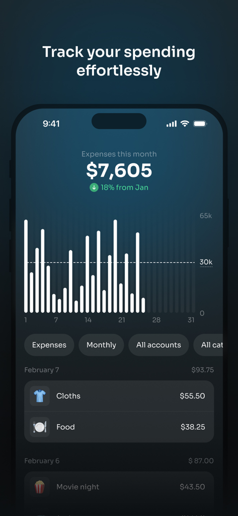 Quanto: Expense Tracker - Monthly spending dashboard in Quanto showing a bar chart and recent transactions in dark mode