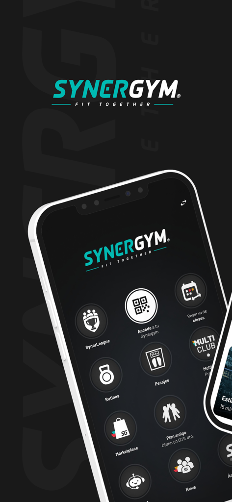 Smartphone screen showing the Synergym app home menu with features like class booking and workout routines