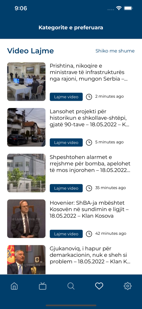 Klan Kosova - Mobile App-Oberfläche für Klan Kosova, die eine Liste aktueller Video-Nachrichtenüberschriften auf Albanisch anzeigt.