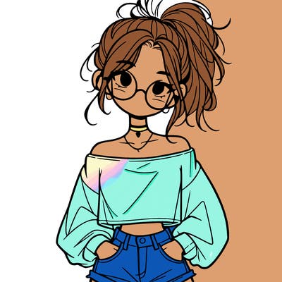girl with a messy ponytail glasses a baggy crop top and jean shorts