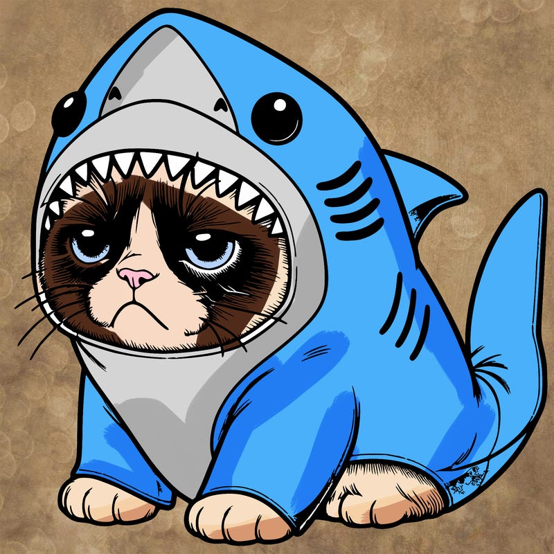 a realistic grumpy cat wearing a cute shark costume
