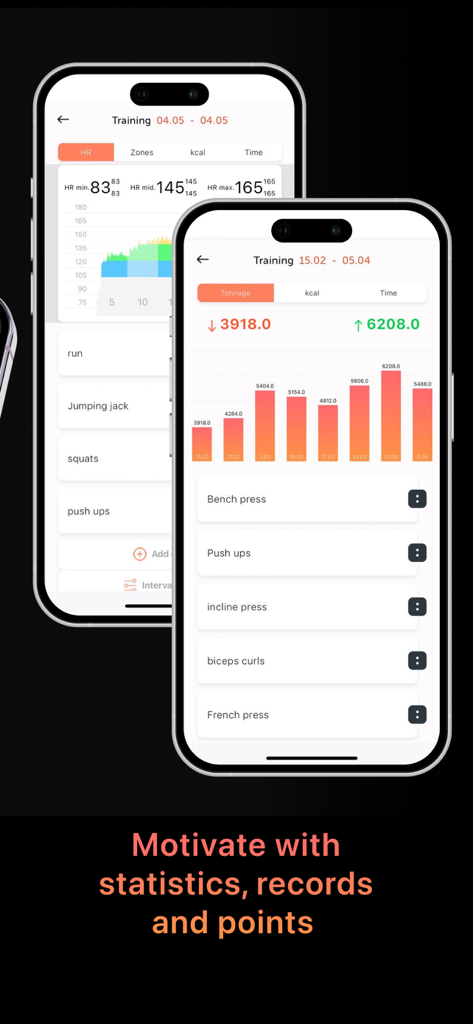 AQ Trainer - Screenshots of the AQ Trainer app showing heart rate statistics and workout tonnage charts