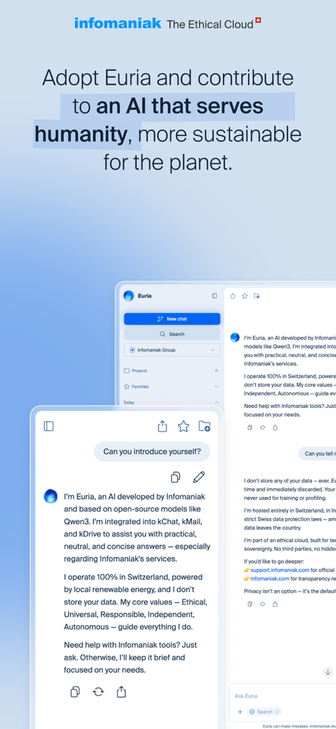 Interface of the Infomaniak Euria app highlighting its ethical and sustainable AI features