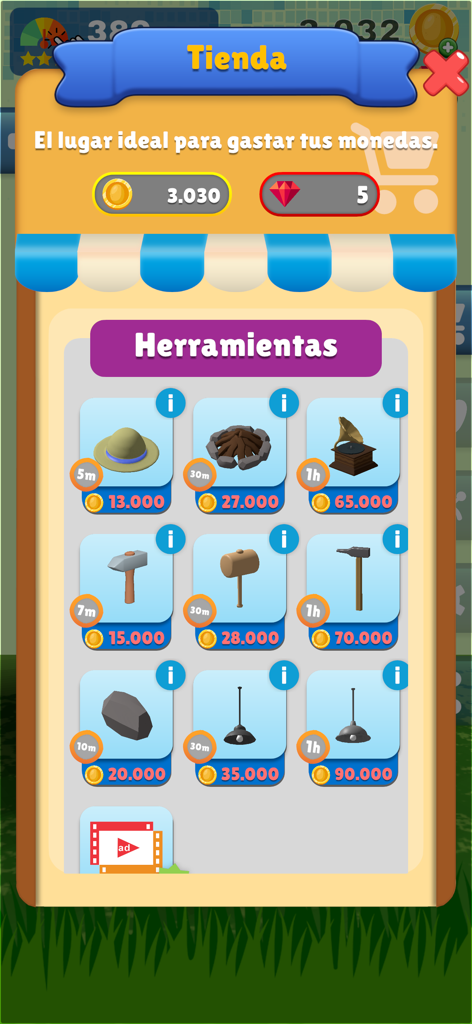 Crack Egg: Tap & Hatch Fun - The in-game shop interface for Crack Egg showing various tools and boosters like hammers and hats available for purchase with coins