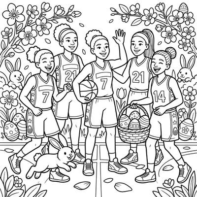 Celebrate Easter with a unique twist! This festive coloring page features WNBA players amidst bunnies, decorated eggs, and blooming flowers, ready for your creative touch.