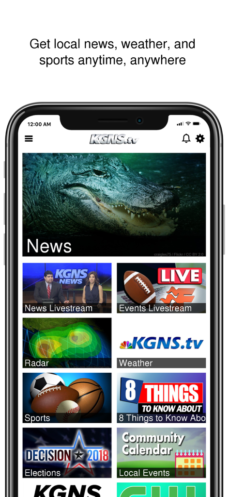 KGNS News - KGNS News app home screen displaying local news weather and sports categories on a smartphone