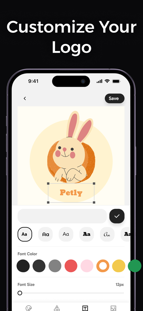 Logo Design: AI Logo Maker - Una interfaz de smartphone que muestra opciones de personalización de fuentes y colores para un logo con un lindo conejo y el nombre Petly.