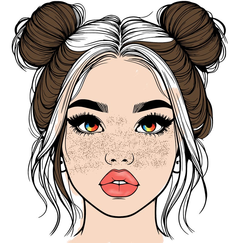 realistic girl with two buns on her hair and lips