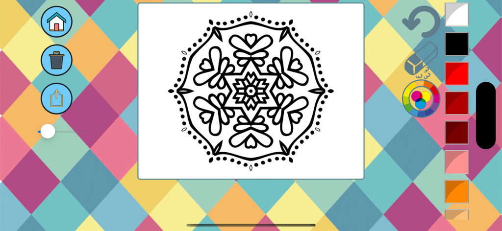 Book of mandalas to paint - A digital mandala coloring page with a color palette and drawing tools in a mobile app.
