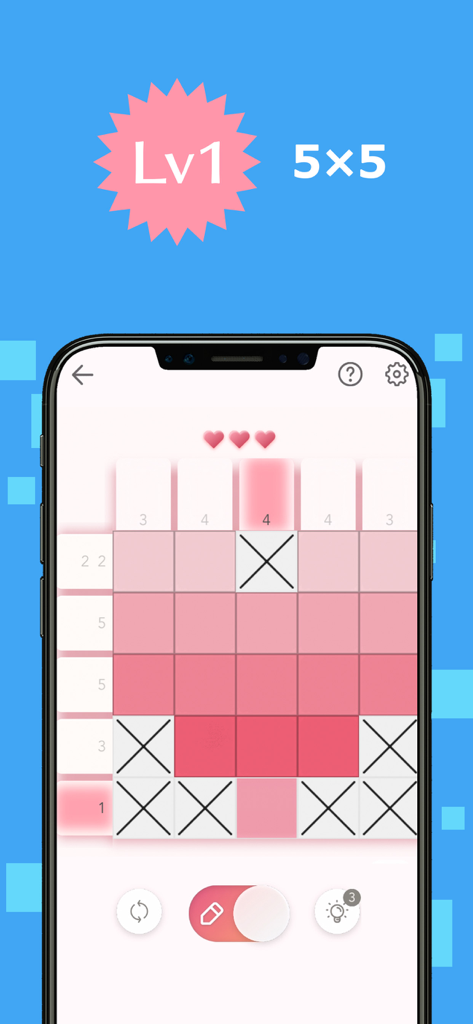 Ein Level-1-5x5-Nonogramm-Rätsel in der Logic Art Mobile App mit einem pinken Pixelart-Gitter.