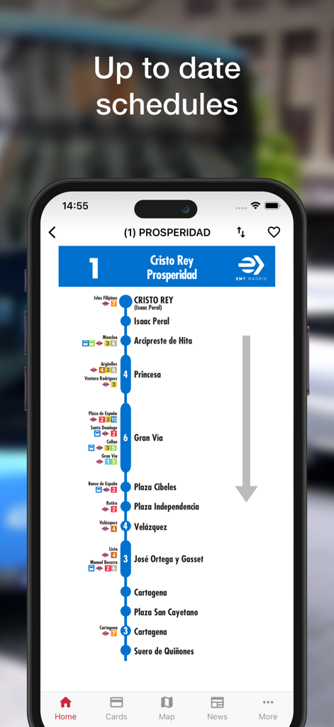 Madrid Transport app displaying a bus route map with a list of stops and metro transfer connections