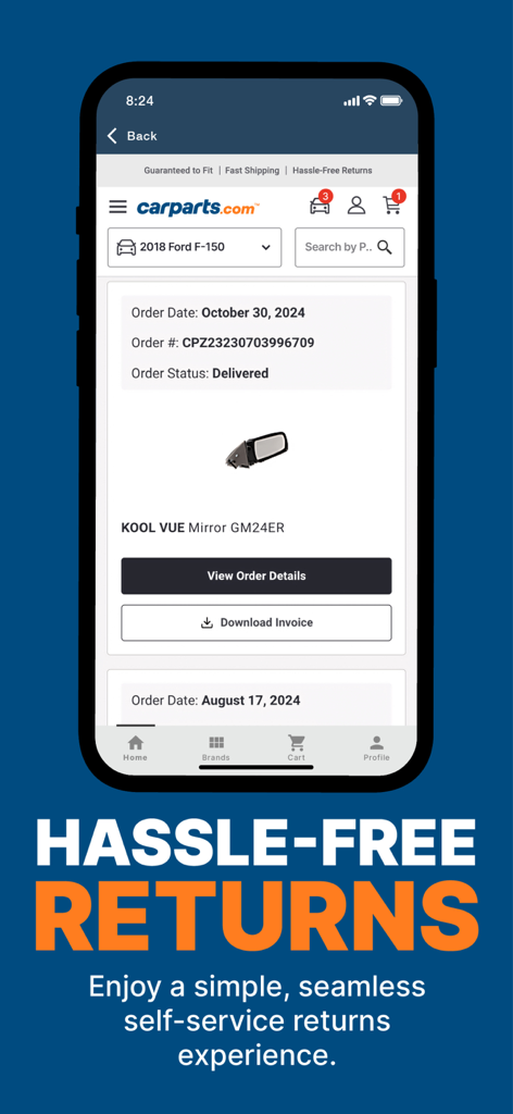 CarParts.com - CarParts.com app interface showing order history and a message about simple self-service returns.