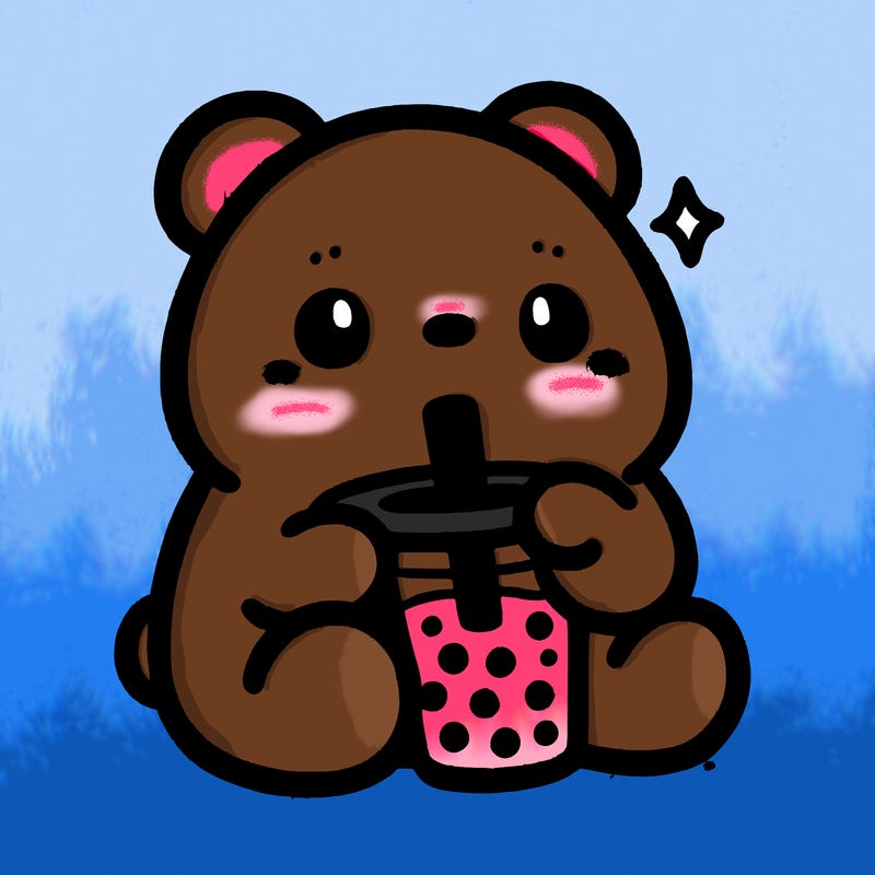 a cute bear drinking boba