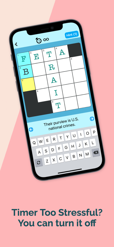 Mini Crossword Daily - Una pantalla de teléfono móvil que muestra un puzle de mini crucigrama con una leyenda que explica cómo desactivar el temporizador.