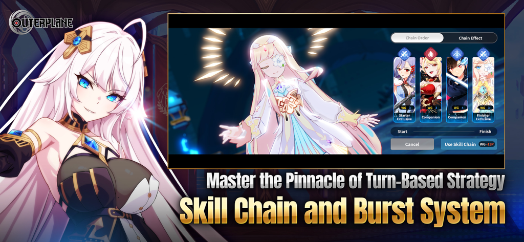 OUTERPLANE - Strategy Anime - Gameplay screen of Outerplane showing the skill chain and burst system with high quality 3D anime heroes